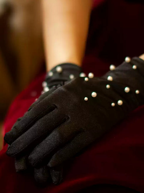 Gothic Black Pearl-Embellished Gloves – Short Gothic Gloves
